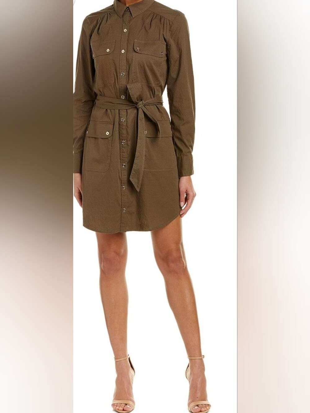 Trina Turk Audrick Dobby Utility Shirt Dress Button-Front Long Sleeve Tie Belt